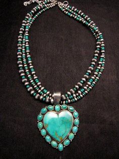 Navajo Kingman Turquoise Heart Pendant w/silver beads necklace, Geneva Apachito #silverjewelry Jewelry Facts, Authentic Turquoise Jewelry, Turquoise Jewellery, Glamorous Jewelry, Necklaces Beaded, Turquoise Jewelry Native American, Silver Jewellery Indian, Wire Bracelets, Bracelets Beaded