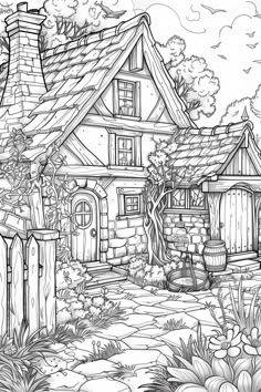 a drawing of a house in the middle of a garden with flowers and plants around it