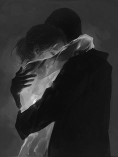 black and white painting of a person hugging