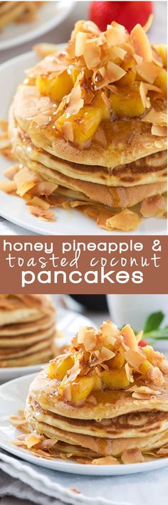 pancakes with pineapple and toasted coconut toppings are stacked on top of each other