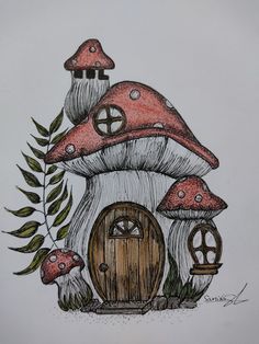 a drawing of a mushroom house with mushrooms on it