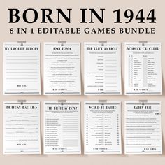 the printable game bundle for born in 1934 is shown on a beige background with black and