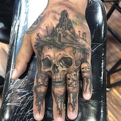 Skull Hand Tattoo Tattoo Artistry Set Man Hand Tattoo, Men Henna Tattoo, Catchy Lines, Halloween Tattoos Sleeve, Evil Skull Tattoo, Skull Hand Tattoo, Finger Tats, Pretty Hand Tattoos, Chicano Style Tattoo