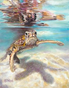 a painting of a turtle swimming in the ocean