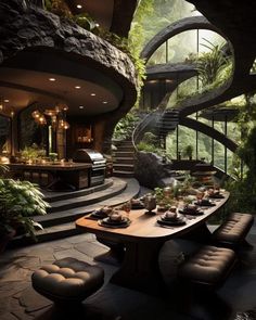 a dining room table surrounded by plants and stairs