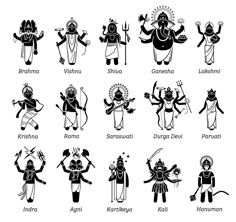 the twelve hindu deities in black and white