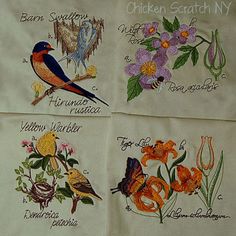 four embroidered napkins with birds and flowers on them, each depicting different species of bird