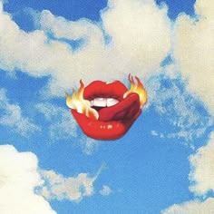 a painting of a red lips with flames coming out of it's mouth in the sky