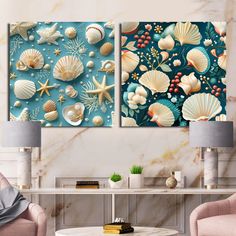 two paintings of seashells and starfish on a wall in a living room