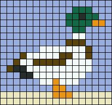 a cross stitch pattern with a duck wearing a green hat