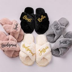 six pairs of slippers with bride and groom names on them