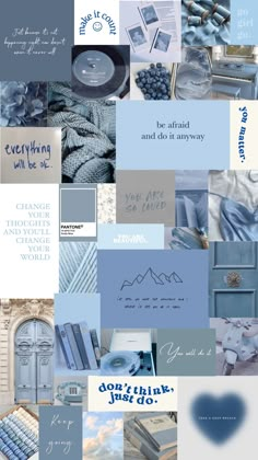 a collage of blue and gray images