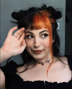 Two Colored Highlights, Dark Half And Half Hair, Colored Hair Halloween Costumes, Split Bangs Dye, Front Color Block Hair, Black Hair Orange Bangs, Quadrant Dyed Hair, Halloween Peekaboo Hair, Dyed Bangs Only