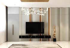 an elegant living room with marble floors and white walls, chandelier hanging from the ceiling