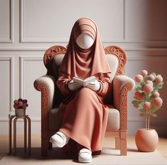 a woman sitting in a chair with a book on her lap and wearing a hijab