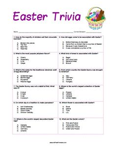 Free Printable Easter Trivia Quiz. Free Printable Easter Trivia Game to have fun at Easter celebration party. Let's find out how much you know about Easter. Try to answer this easy trivia about the Easter flower, Easter bunny, Easter eggs, Easter bread, Easter egg decoration, largest decorated Easter egg, Egg hunt, Chocolate, Jellybeans, Easter pancakes, Egg basket, and more from Easter Pancakes, Easter Quiz, Easter Trivia, Trivia Quiz Questions, Fun Quiz Questions, Easter Egg Coloring Pages, Quiz With Answers