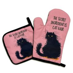 the secret ingredient is cat hair oven mitts are pink with black cats on them