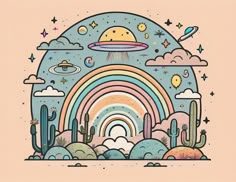 an illustration of a rainbow with clouds and stars in the sky above it on a pink background