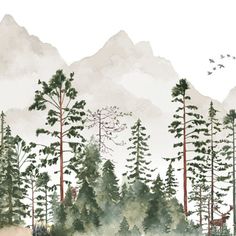 watercolor painting of trees and mountains with birds flying in the sky