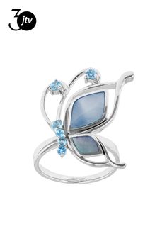 Free-Form Cabochon Mother-Of-Pearl With 0.26ctw Round Swiss Blue Topaz Rhodium Over Sterling Silver Butterfly Ring. Measures Approximately 0.86"L x 1.07"W. Not sizeable. Silver Butterfly Ring, Butterfly Ring, Silver Butterfly, Swiss Blue Topaz, Blue Topaz, Mother Of Pearl, Topaz, Sterling Silver, Ring