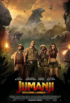 jumanji welcome to the jungle movie poster with characters in front of an enormous dinosaur