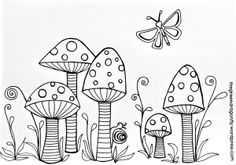 a drawing of mushrooms and butterflies in the grass