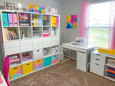 a child's room with lots of storage and crafting supplies