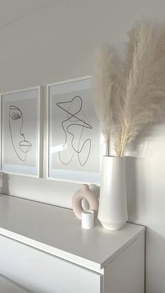 two pictures on the wall above a dresser with vases and feathers in front of it