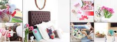 a collage of photos with pink flowers in vases and stuffed animals on the bed