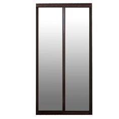 the sliding glass door is brown and has two mirrors on each side, one in front of