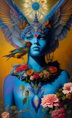 a painting of a woman with blue skin and flowers around her neck, surrounded by birds