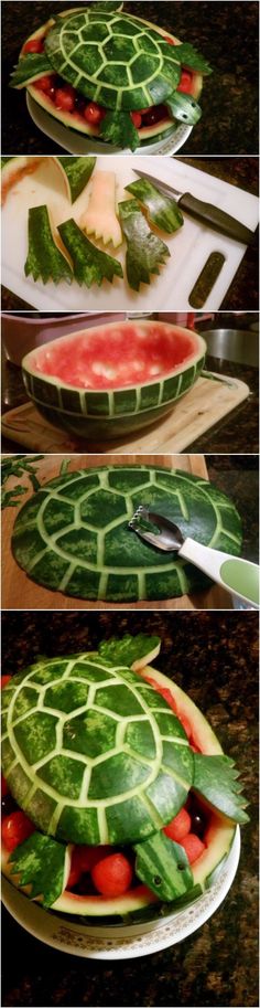 three pictures show the process of making a watermelon turtle cake