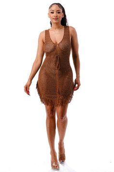 This Effie Crochet Dress is perfect for an effortless beach look. Crafted from crochet fabric, it features a sleeveless design, a drawstring waist and a cover up. Lightweight and comfortable, it is an essential piece for your summer wardrobe. 100% Acrylic This style is sold online only. Casual Brown Beach Cover-up, Sleeveless Summer Cover-up With Crochet Trim, Sleeveless Crochet Trim Dress As Beach Cover-up, Sleeveless Crochet Beach Dress For Beach Cover-up, Sleeveless Crochet Dress For Poolside, Sleeveless Crochet Dress For Beach Cover-up, Sleeveless Dress With Crochet Trim As Beach Cover-up, Beachy Sleeveless Crochet Dress For Poolside, Sleeveless Crochet Dress For Beach Party