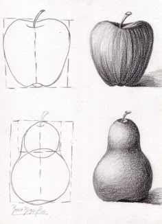 an apple and pear are shown in three different stages of drawing, each with the same shape