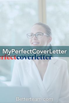 a woman sitting in front of a laptop computer with the words my perfect cover letter