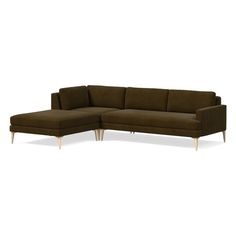 a brown sectional couch with wooden legs