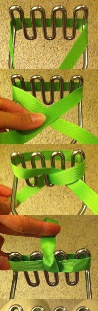 four pictures showing different ways to tie an object with green ribbon and metal clips on each side