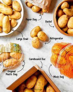 potatoes labeled in different parts of the package on a marble counter top with other ingredients