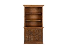 an old wooden bookcase with carvings on the front and bottom shelves, isolated against a white background