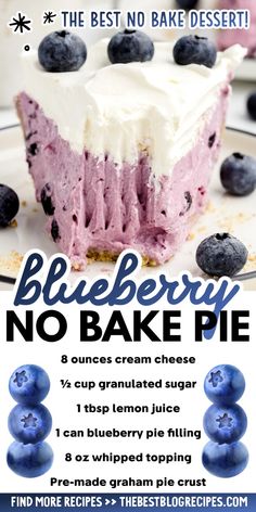 blueberry no bake pie recipe on a plate