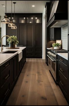 a kitchen with dark wood cabinets and white counter tops