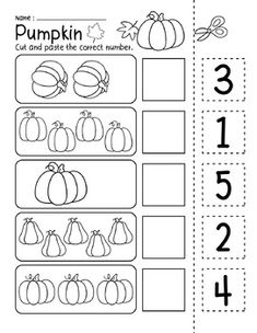 pumpkin cut and paste the correct numbers worksheet for kids to practice number identification