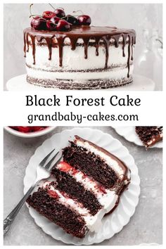 black forest cake with white chocolate frosting and cherries on top is shown in this collage