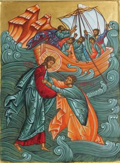 an icon depicting jesus carrying the cross with other people in boat on water behind him