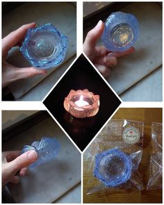 four pictures show the process of making a tea light candle holder with glass and glitter