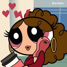 a cartoon girl with big eyes holding a phone in her hand and looking at the camera