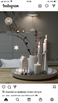 a white plate topped with candles on top of a table next to a candle holder