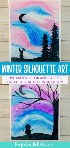 winter silhouette art using watercolor and salt to create a beautiful winter sky