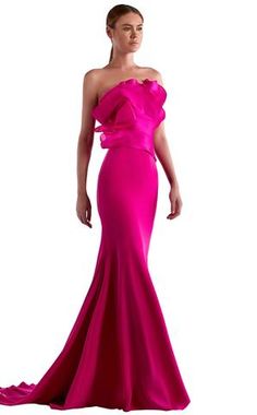 Sultry asymmetric neckline gown from Edward Arsouni CoutureGet noticed in any crowd wearing this stunning... Couture Dresses Gowns, Edward Arsouni, Rose Fushia, Trumpet Skirt, Asymmetric Neckline, Bridesmaid Outfit, Gowns Online, Couture Gowns, Designer Gowns