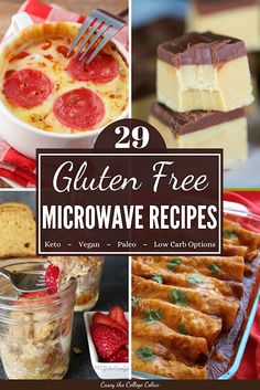 the cover of 29 gluten - free microwave recipes with pictures of different desserts